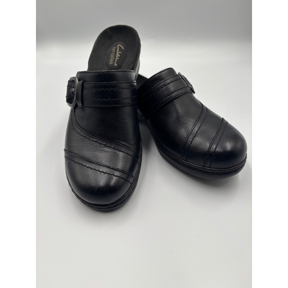 Clarks Bendables Black Leather Mules Clogs Buckle Accent Womens 6M 67386